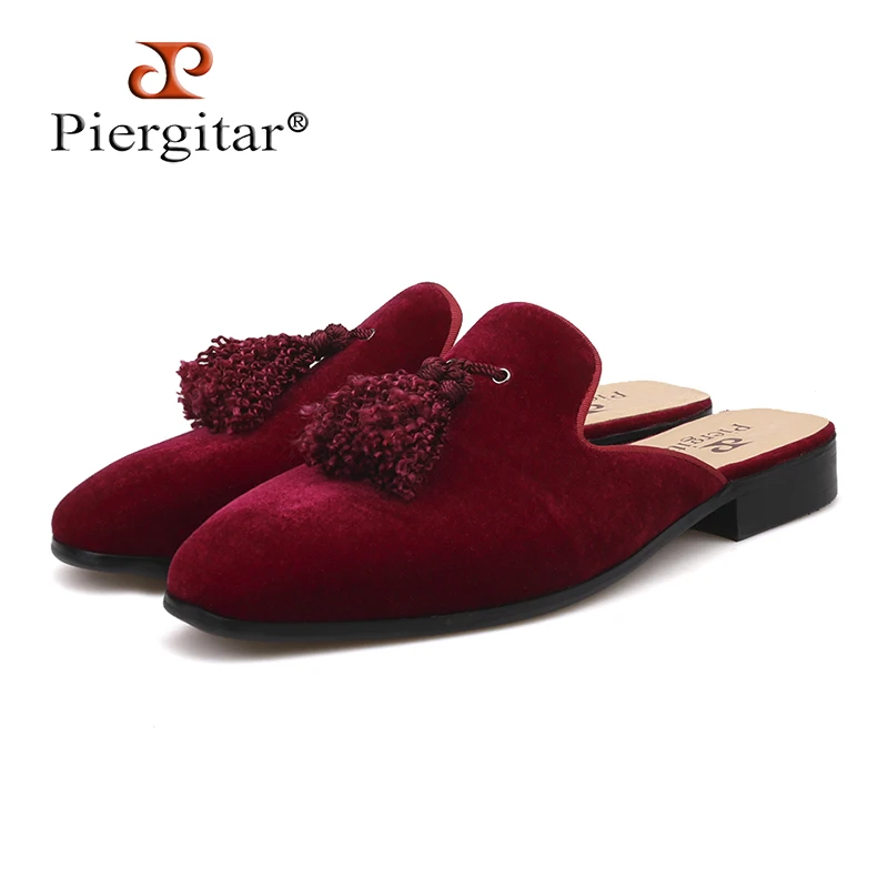 

Piergitar brand Handmade men velvet slippers of exquisite tassel for fashion party and banquest men's half designs loafers