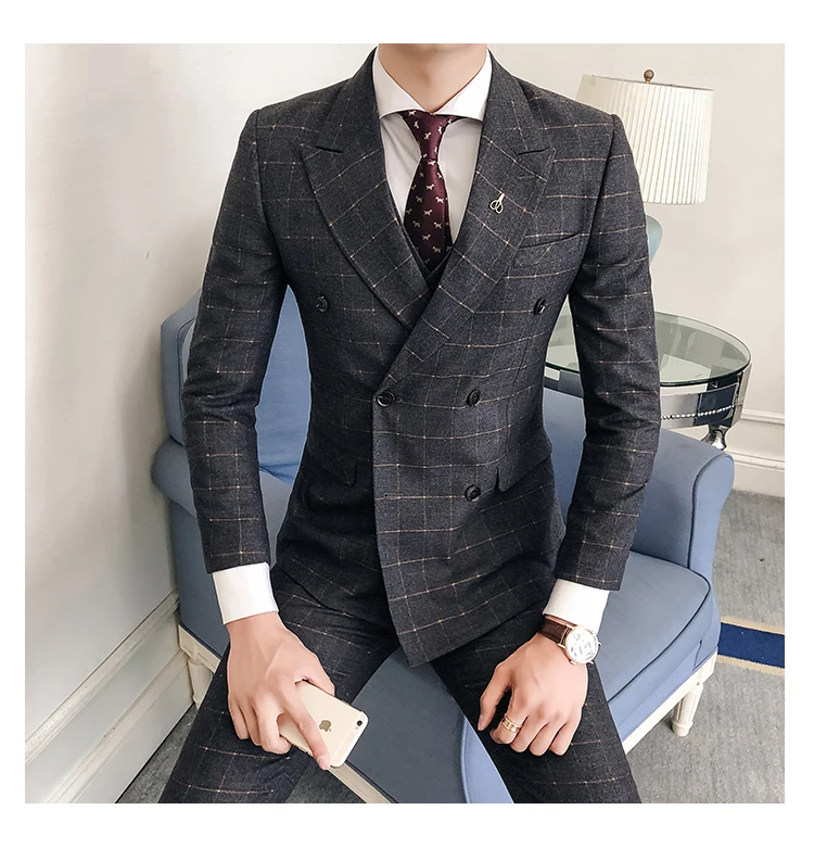 Мужской двубортный клетчатый костюм,, темно-синий, серый, свадебные костюмы для мужчин, приталенный, английский стиль, для курения, мужской костюм, 3 предмета, Q537