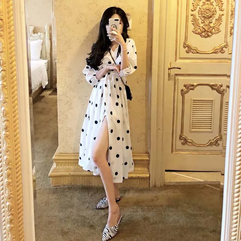 Лето 2019 женское длинное платье в белый горошек вечернее новинка|Женские платья| |