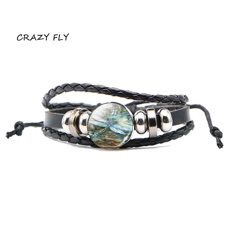 Магазин Crazy Fly Lotus Стрекоза картина винтажная Мужская Черная кожа сплав 18 мм
