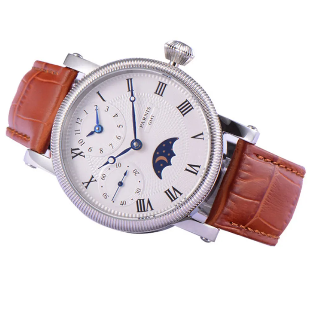 4 42 мм Мужские часы PARNIS Blue Hands GMT Moon Phase - Цвет: 4