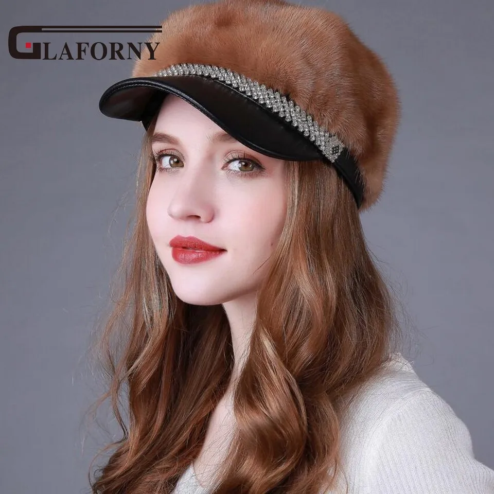 Glaforny, шапки из меха норки, козырьки из натурального меха норки, козырьки из овечьей кожи, аксессуары со стразами, женские модные меховые кепки
