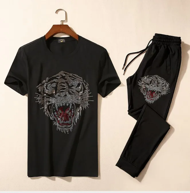 

Brand New Novelty Hot diamond Tiger goat Men Running Sportswear Tracksuits Men's Sets (tee shirt + pants) Top TEES #L113