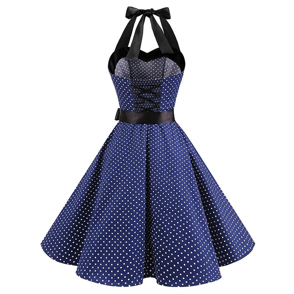 Женское платье сексуальное вечернее с лямкой на шее винтажное в горошек стиле