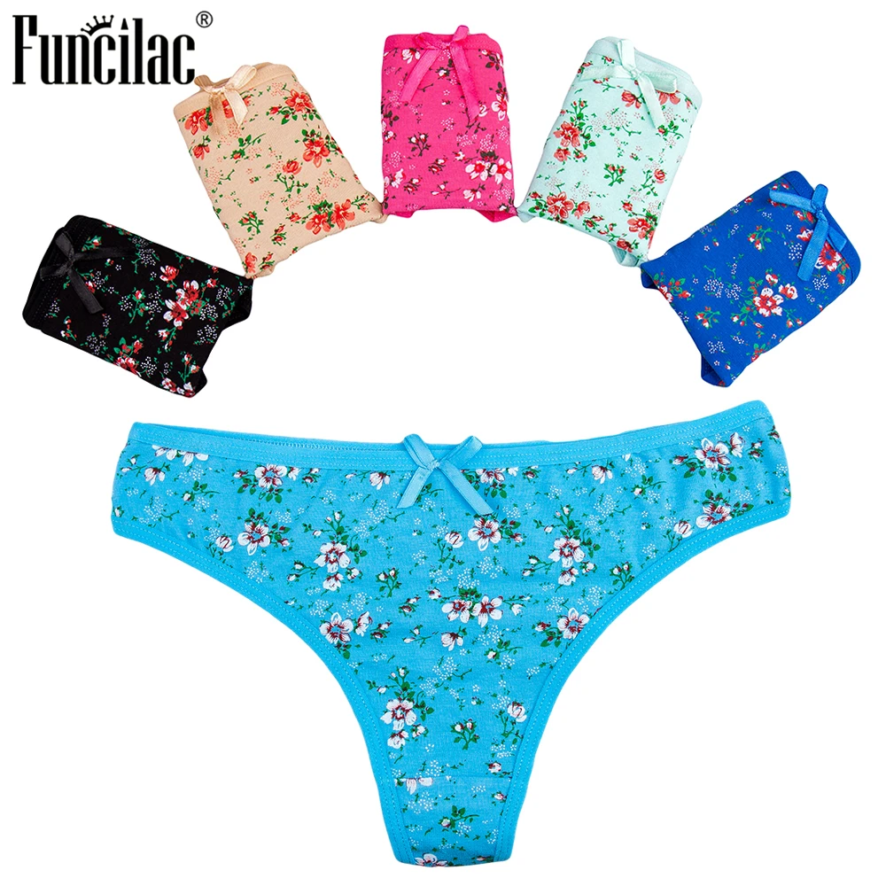 FUNCILAC стринги для Для женщин пикантные Цветочный принт G String девушки T-back мягкие трусики хлопковые трусы женские бикини женское белье горячий 5 шт./лот