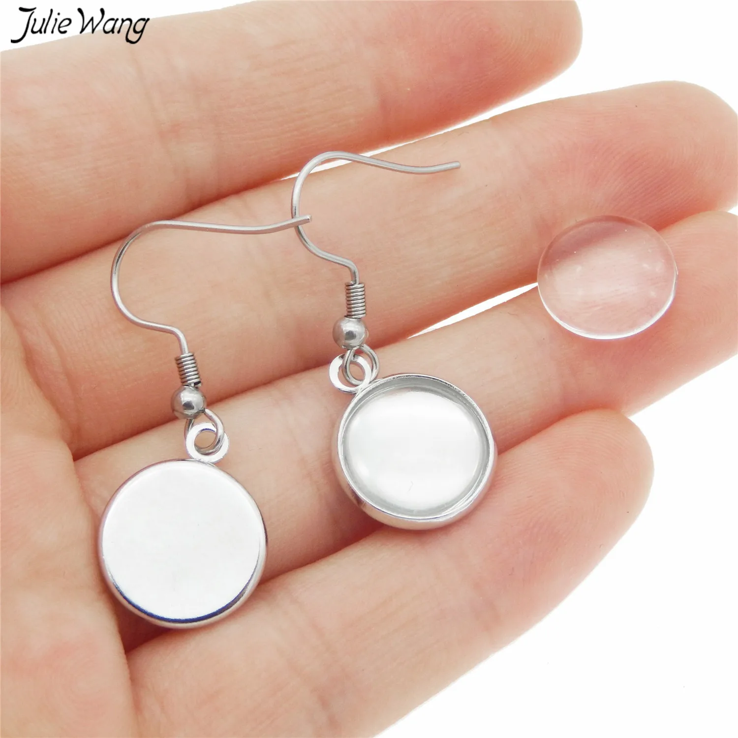 Julie Wang 5pair Stainless Steel Earring Wire Hook Dangle Setting Blank Tray with Glass Cameo Cabochon For DIY Findings | Украшения и