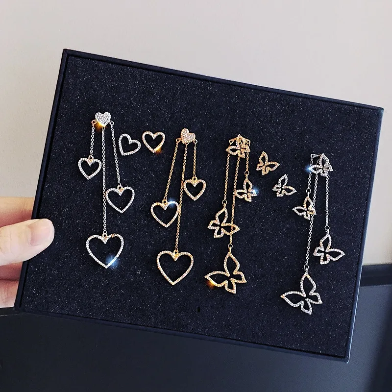 2019 новая корейская мода кристалл бабочка любовь Сердце кисточкой серьги женские