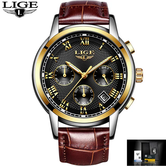 Gold black L Для мужчин s часы лучший бренд класса люкс LIGE бизнес нержавеющая сталь Водонепроницаемый Кварцевые часы для мужчин Дата Спорт хронограф Relogio Masculino - Цвет: Gold black L