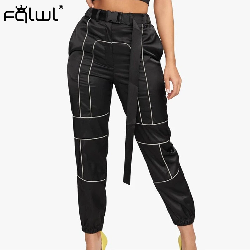 Повседневные полосатые Светоотражающие Брюки FQLWL женские брюки черные шаровары