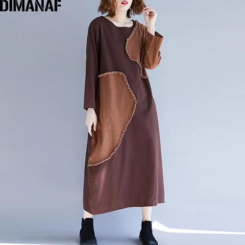 Yu99215CN DIMANAF женские платья зимние с длинным рукавом льняные женские Лоскутные винтажные платья Женская одежда размера плюс свободные платья - Цвет: Yu99215CN