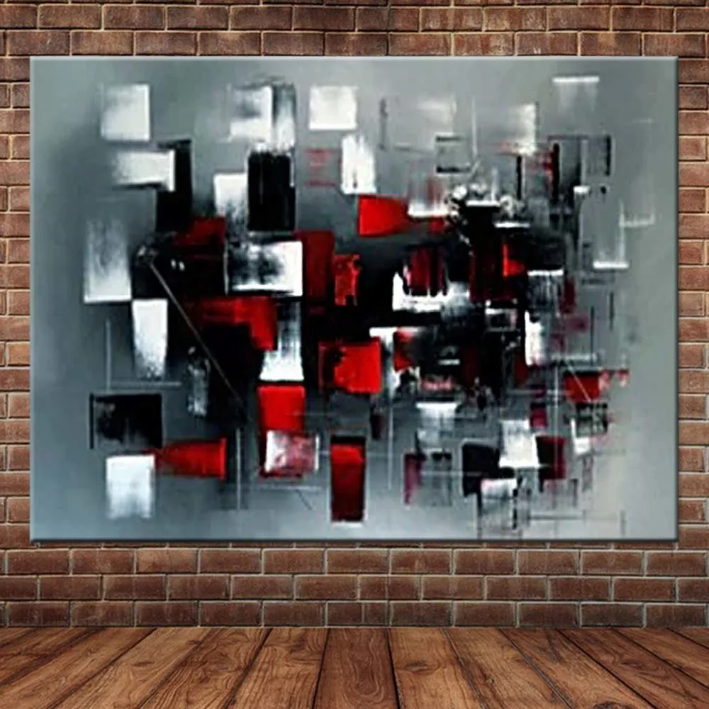 Ручная роспись Абстрактная палитра нож Серый Красный цвет Холст Картина маслом