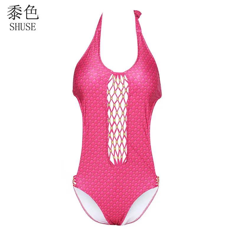 Высокая Вырезать Монокини Одна деталь купальник Для женщин красные синие бинты