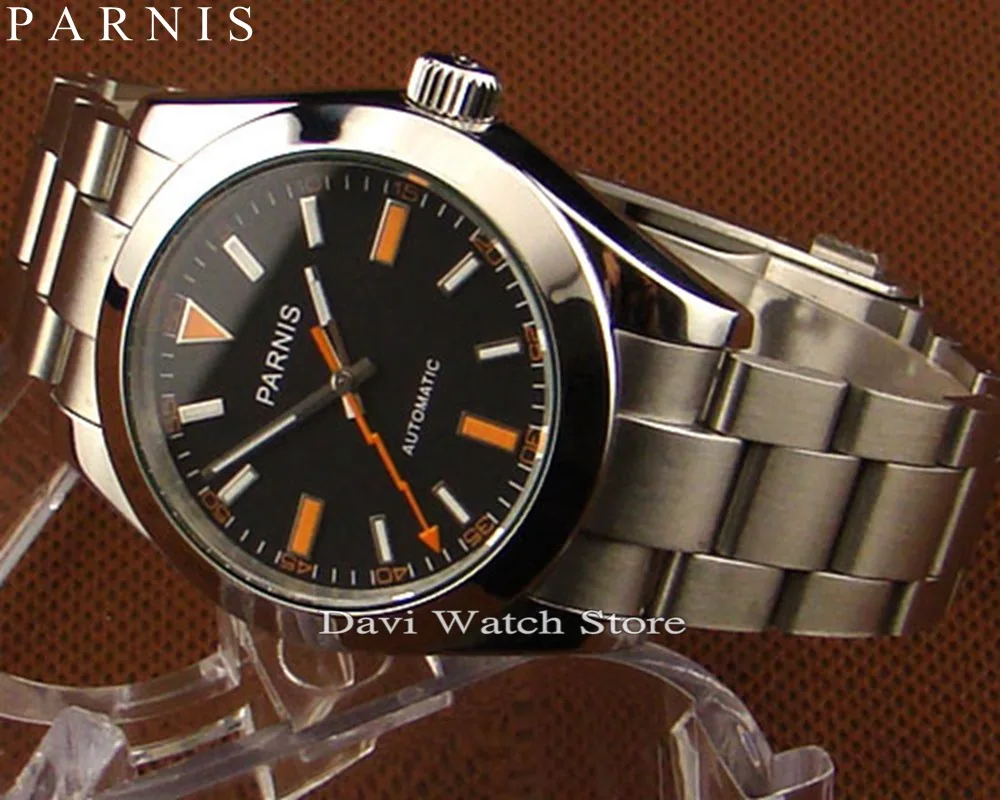 Автоматические Мужские часы Parnis из нержавеющей стали с черным циферблатом 40 мм |