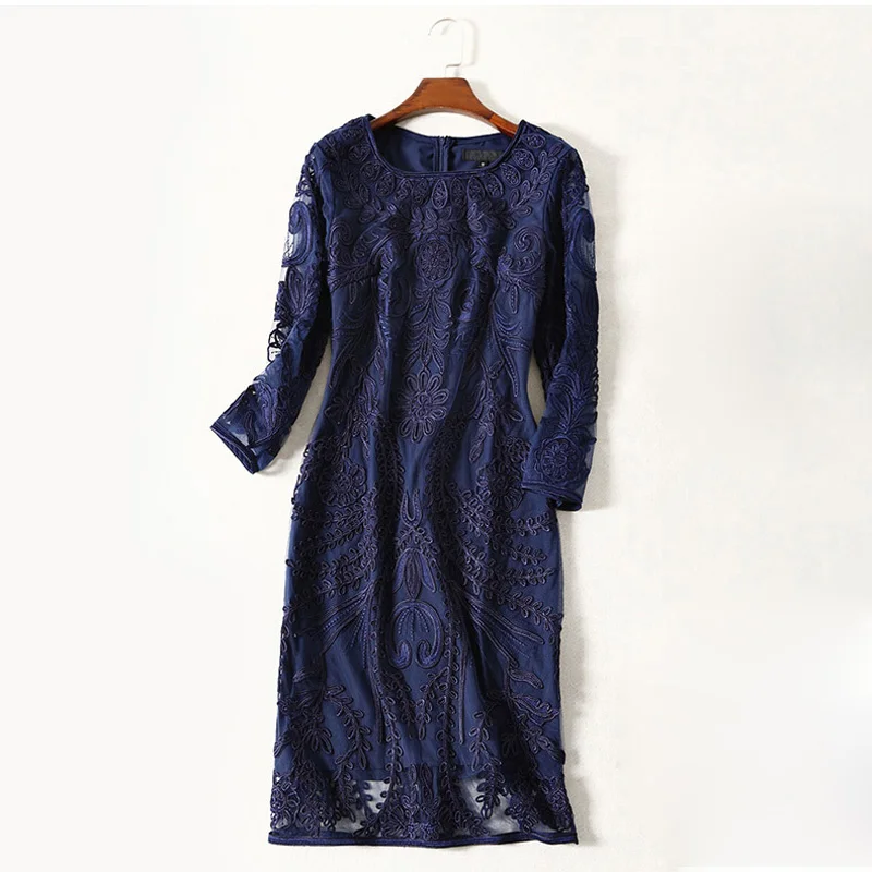 2017 Весна синий платье Для женщин элегантные весенние Вышивка О-образным вырезом