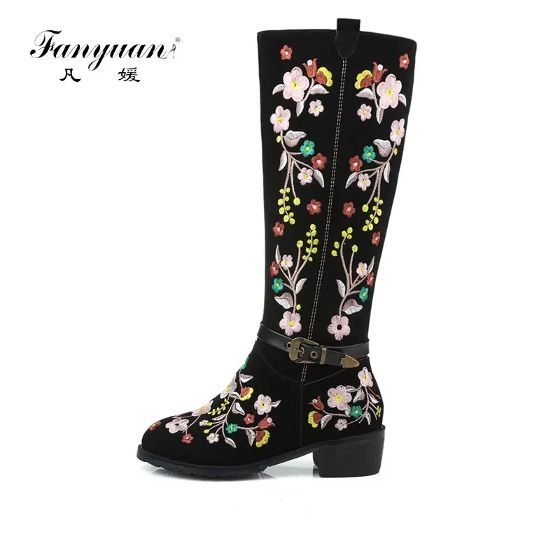 

Fanyuan 2018 Handmade chinese embroidery shoe women knee high boots medium square heel Cow Suede Buckle boots plus size 43