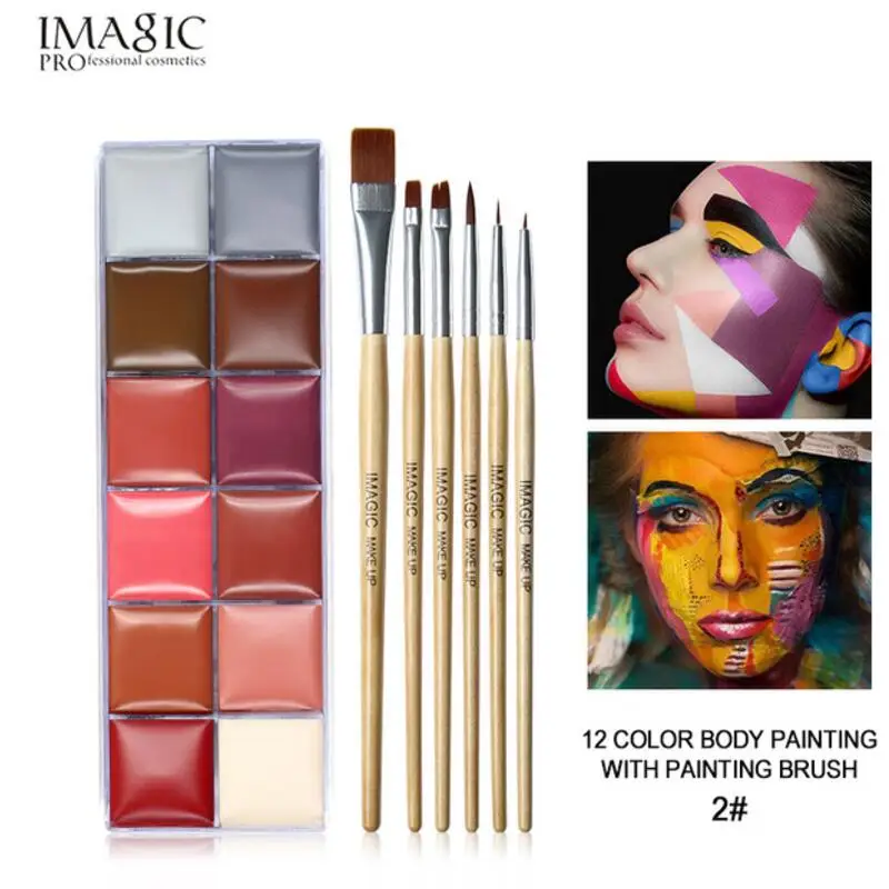 02 Add Brushes Краска для лица, тела, масляная краска, тату, искусство IMAGIC, 12 цветов, пигмент, макияж на Хэллоуин, вечеринка, нарядное платье, клоун, краска для макияжа - Color: 02 Add Brushes