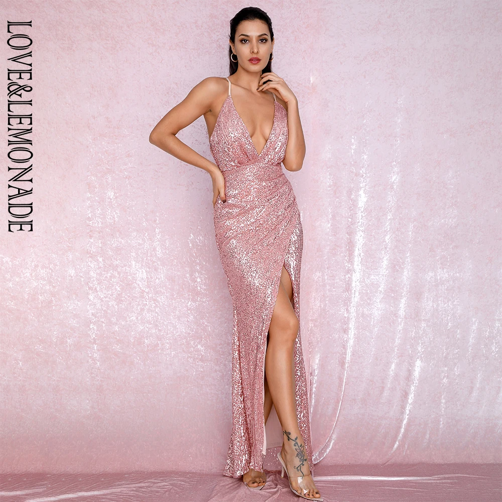 Женское вечернее платье LOVE & LEMONADE розовое золотистое Платье макси с открытой