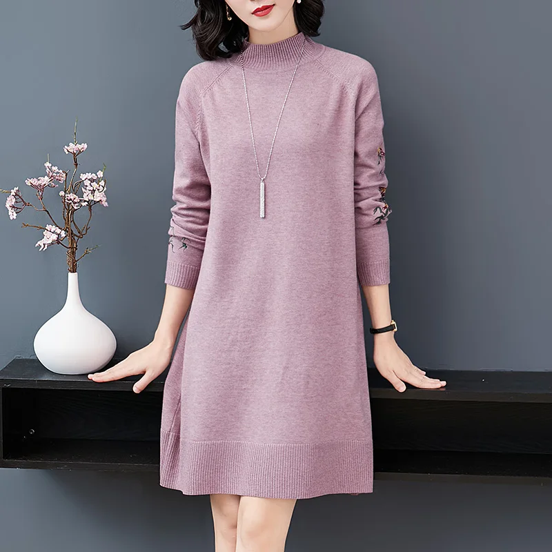 Autumn Winter women's turtleneck embroidery long sweater dress elegant ladies floral knit | Женская одежда