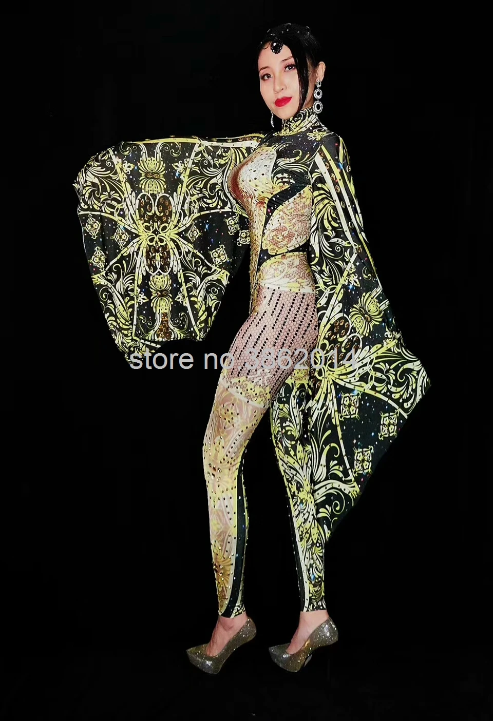 Модный черный желтый комбинезон со стразами и рукавами летучая мышь для женщин