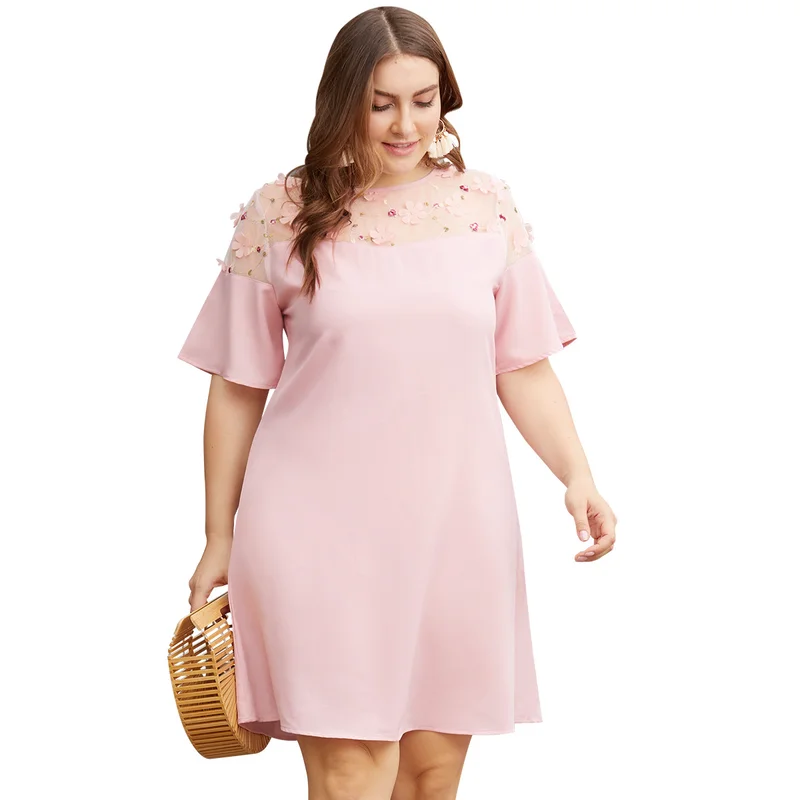Женское платье большого размера с круглым вырезом и коротким рукавом цветочным