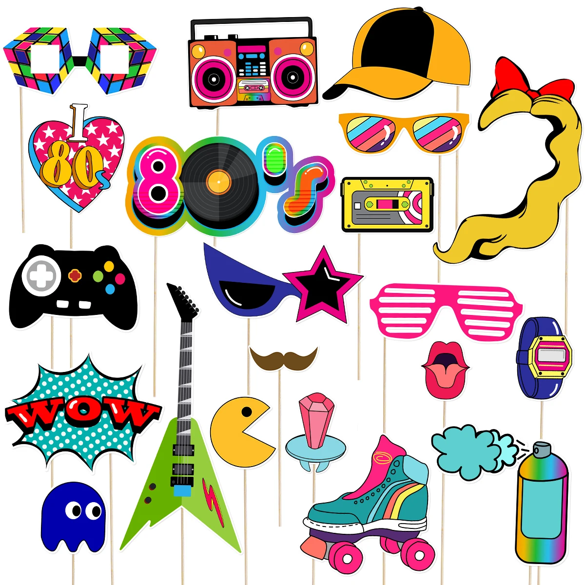 21pcs/Pack 80s Party Cosplay Photo Booth Props Funny Creative Vintage Party Supplies Favors Accessories Decoration Birthday Deco