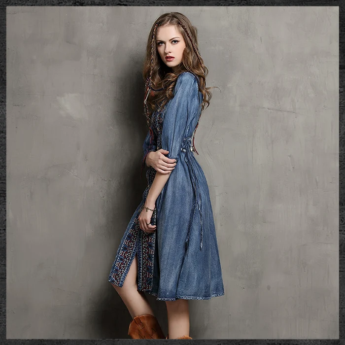 Женское винтажное платье модное элегантное джинсовое с высокой талией и