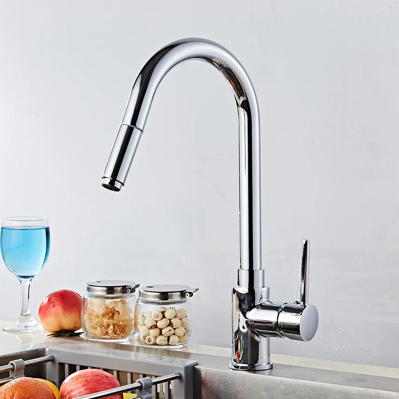 

New Arrivals Chrome Finish Kitchen faucet kitchen Sink Faucet Deck Mount Pull Out Dual Sprayer Nozzle Hot Cold Mixer Water Taps
