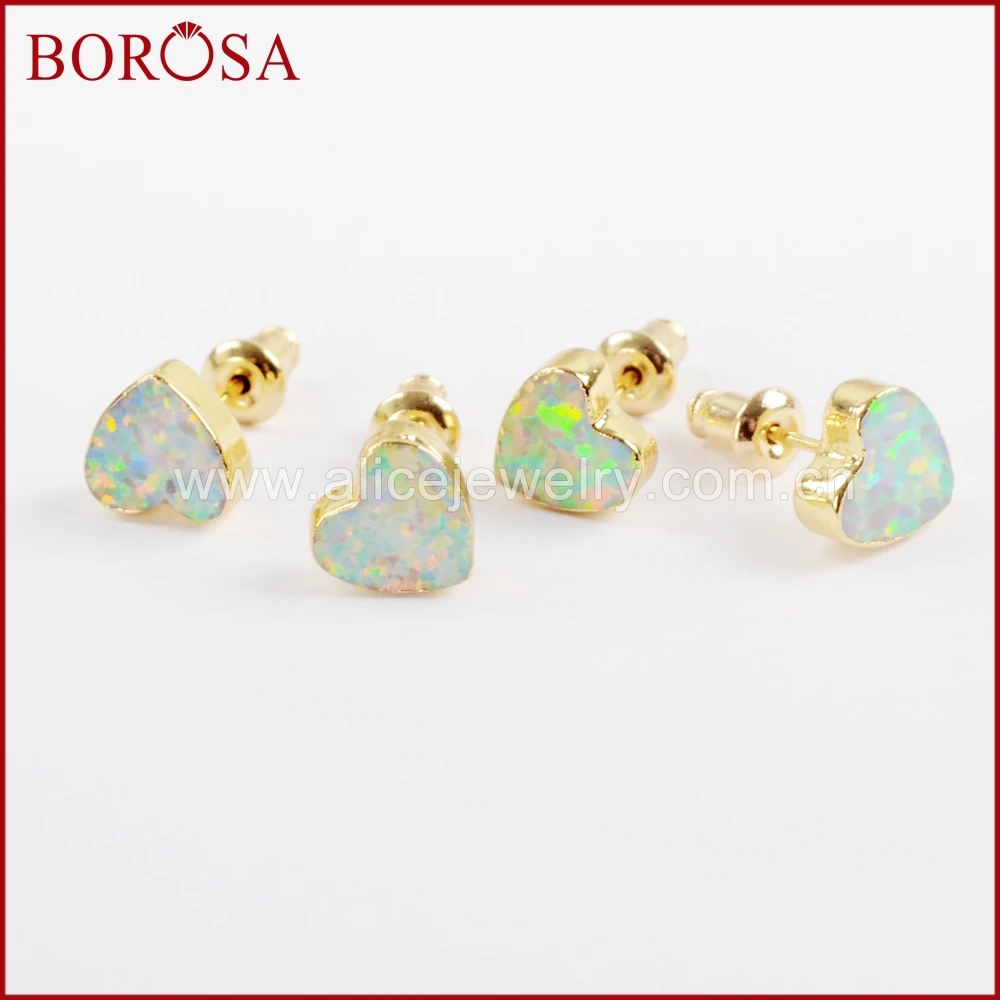 Женские серьги гвоздики BOROSA 5 пар золотые белые опаловые с сердцем искусственные