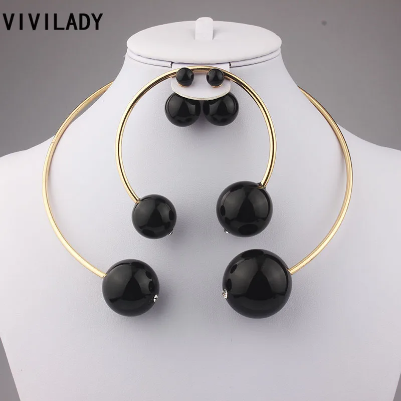 VIVILADY 3 шт./компл. модный чёрный Искусственный Жемчуг Ювелирные наборы для женщин Свадебное хрустальное ожерелье браслет серьги воротник из бисера подарок