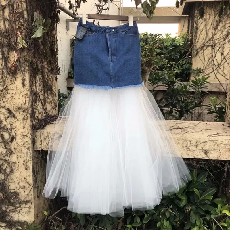 White TWOTWINSTYLE, сетчатая юбка, женская джинсовая Лоскутная юбка с высокой талией, два стиля, длинная юбка-пачка для женщин, весна, большой размер, Harajuku - Цвет: White