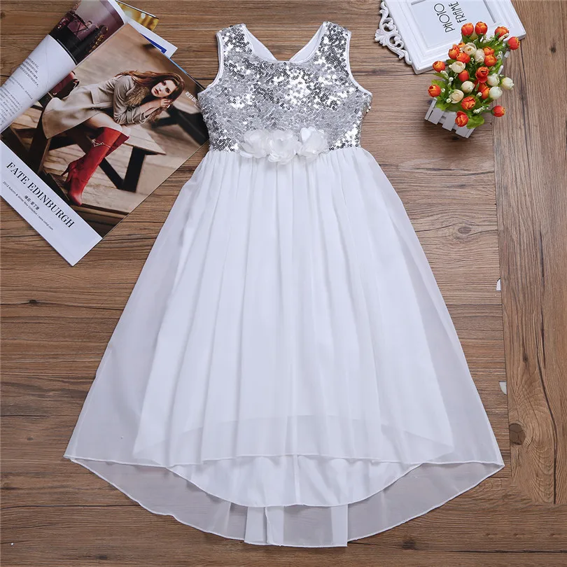 Летнее платье для девочки с блестками и цветами элегантное платье-трапеция