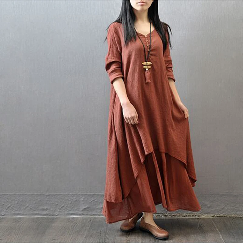 Летнее платье 2016 женское хлопковое льняное с длинным рукавом литературное