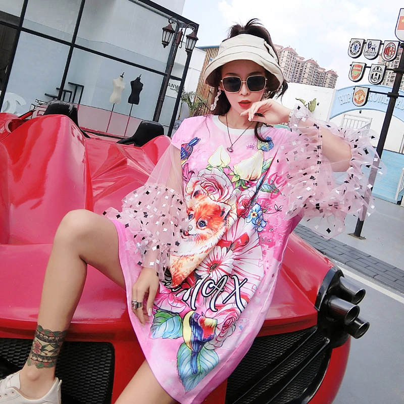 Брендовое европейское платье 2018 летнее новое с короткими рукавами рисунком