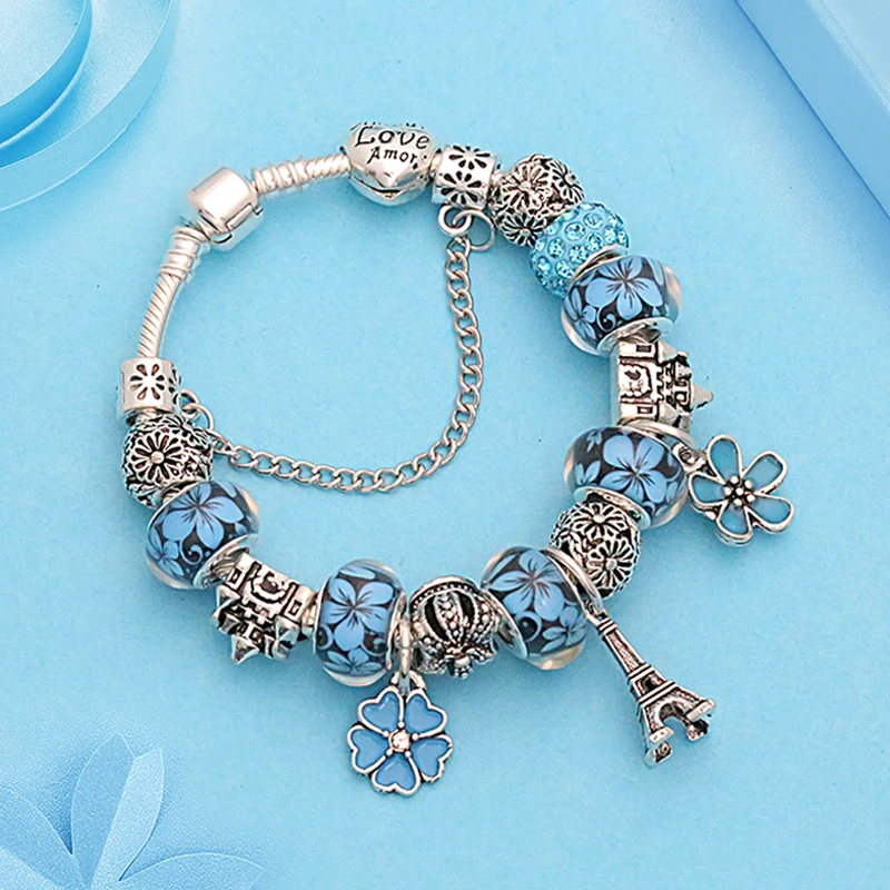 2018 хит античный тибетский серебряный браслет с Эйфелевой башней замок корона из