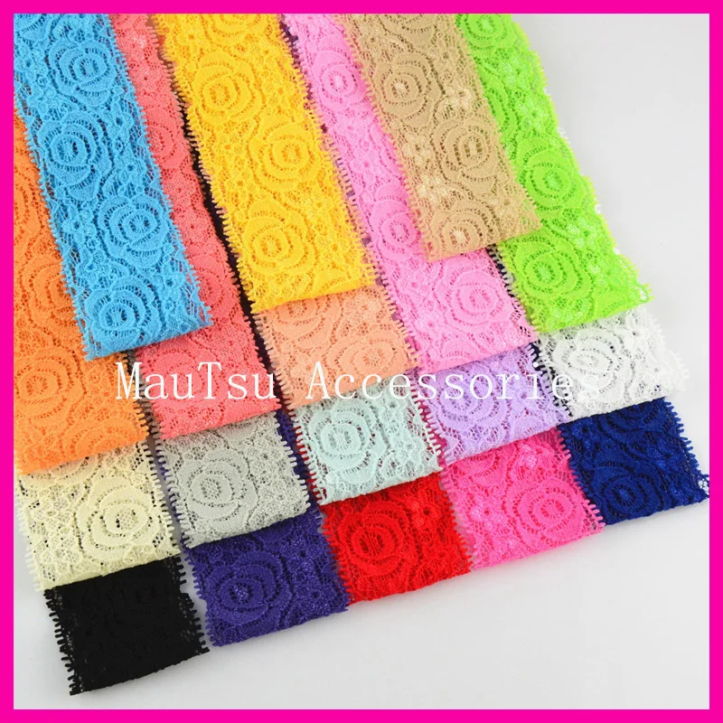 

20PCS Assorted Colors 4.0cm 1.5" width Filigree Rose Pattern Elastic Lace Hairbands Headbands for kids Girl Hair accessories