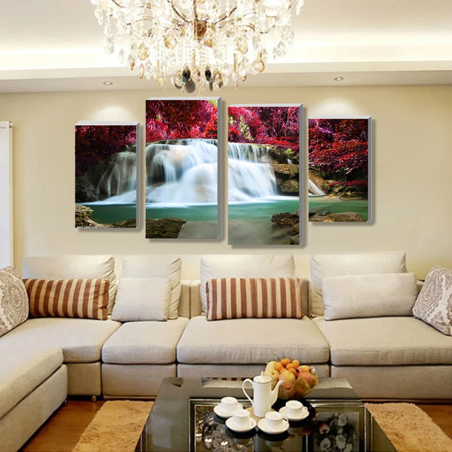 4 Panel Sets Beautiful Waterfall Landscape Painting Flowers Modern Pictures On Canvas Artwork Print Customized Picture A-10-120 | Дом и сад