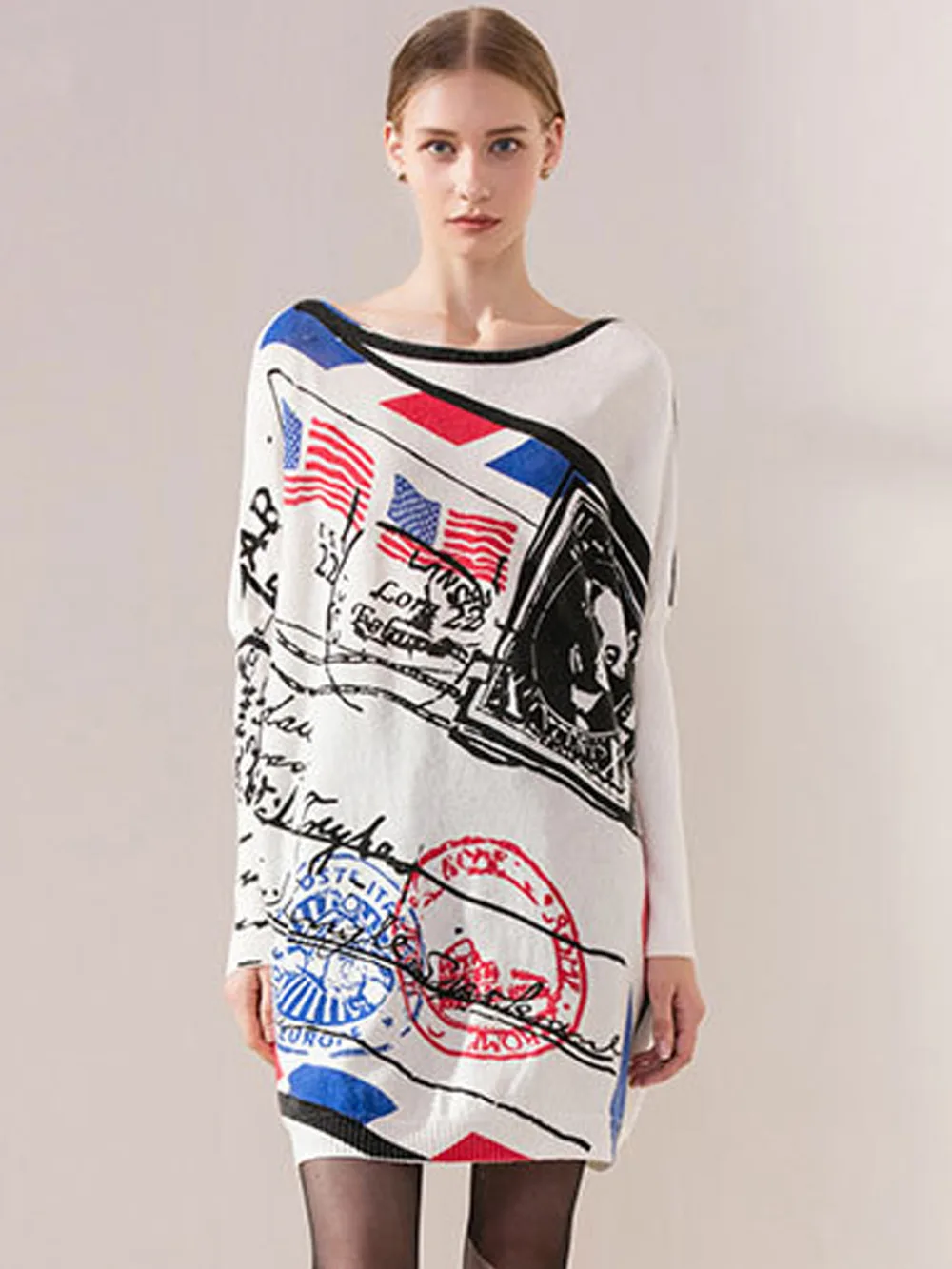 Новинка Женское шерстяное кашемировое платье-свитер с длинным рукавом и принтом