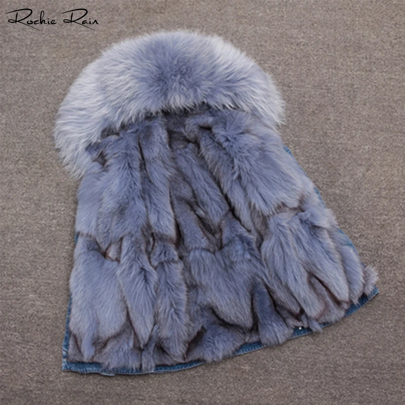 Для женщин Fox Fur Lined Denim парка пальто съемной меховой подстежкой Женская с длинным