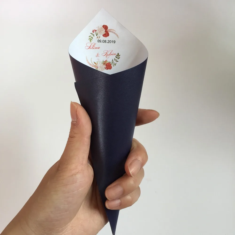 

Pearly Navy blue personalized wedding confetti cone paper with red rose party decoration DIY for the guests 25 pieces