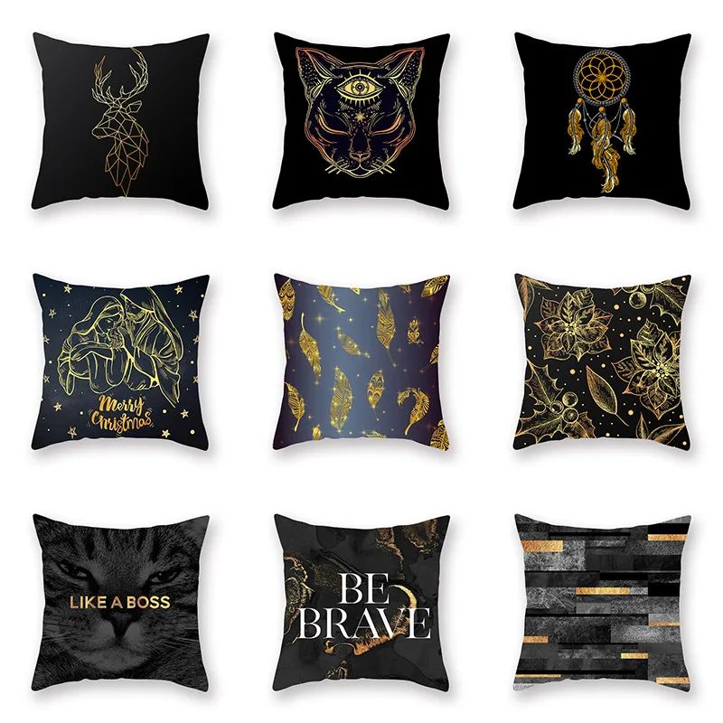 

Golden Cushion Cover Mandala Deer Merry Christmas Feather Decorative Pillowcase Soft Living Room Home Decor for Sofa Car 45x45cm