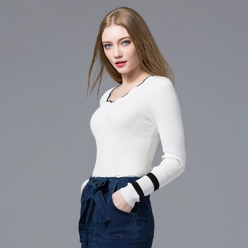 Элегантный Модный белый тонкий свитер пуловер женский большой волнистый круглый