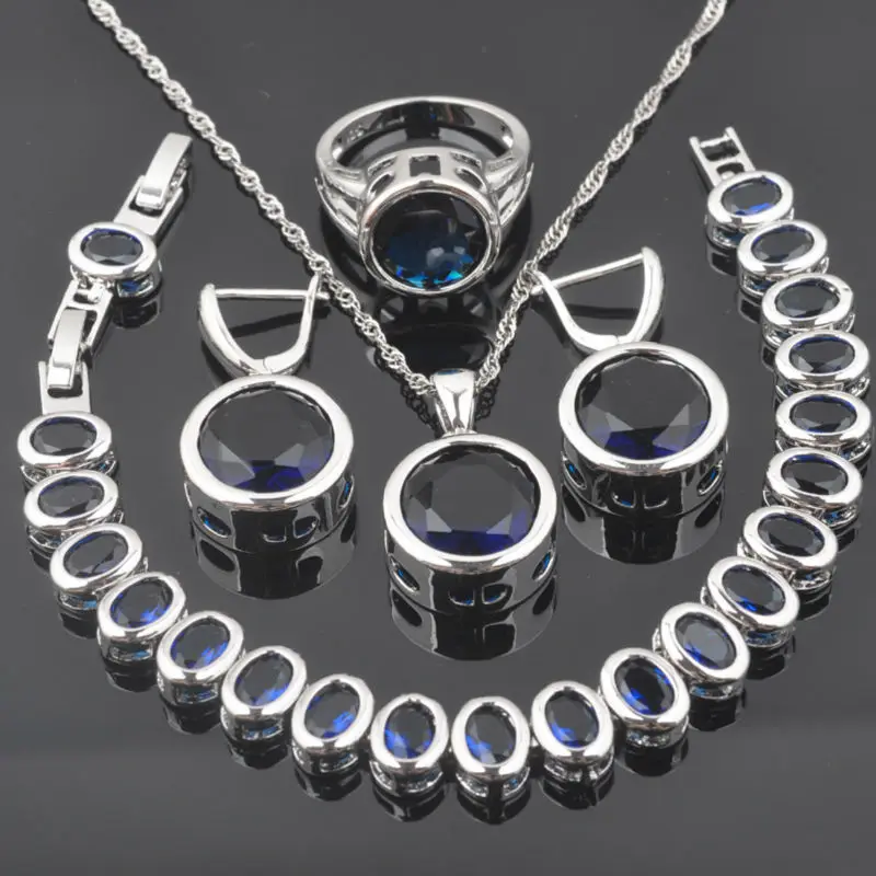 

Рождественские подарки, Синий Циркон, круглый серебряный цвет, ювелирные наборы для женщин, серьги, кольца, ожерелье, кулон, подарок на день рождения QS0371