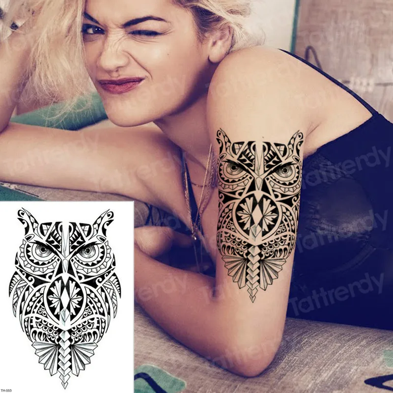 

New Large Arm Owl Tattoo Sleeve Flash Temporary Tattoo Sticker Waterproof Henna Tatoo Women Body Art mandala owl geisha leopard