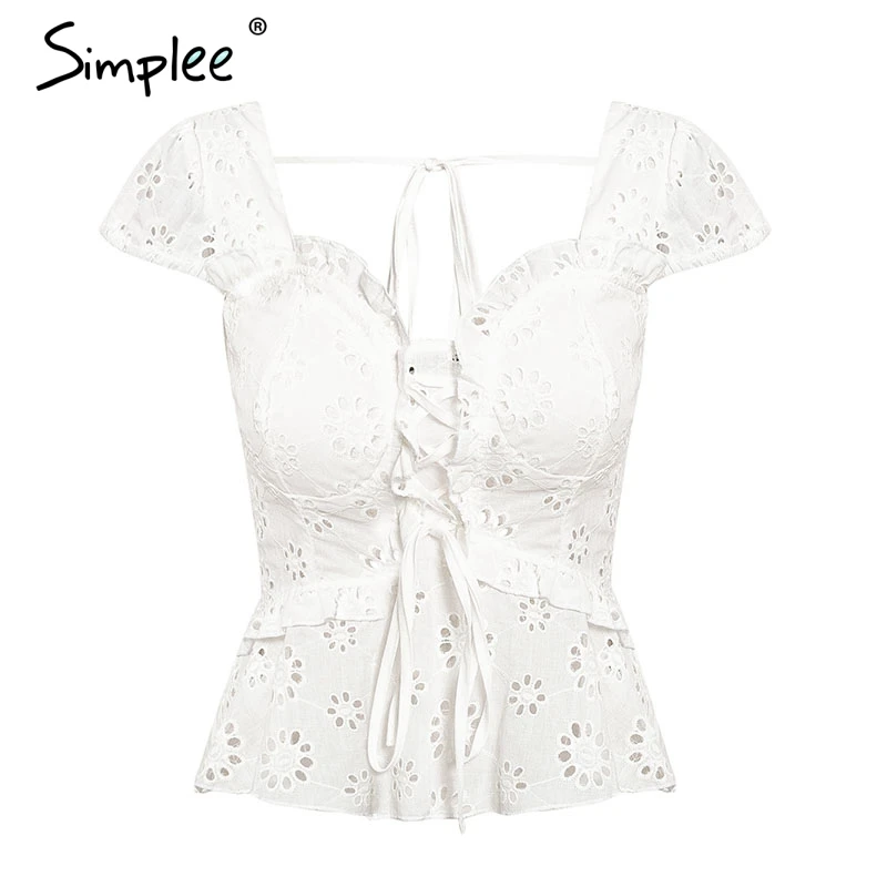 Женская белая полая рубашка Simplee блузка с v образным вырезом и рюшами эластичный