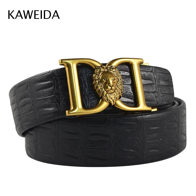 KAWEIDA Fashion Lion Metal Automatic Buckle Belt Designer Belts for Men Ceinture Homme Luxury Men's Genuine Leather Belt - Color: gold PD640 black