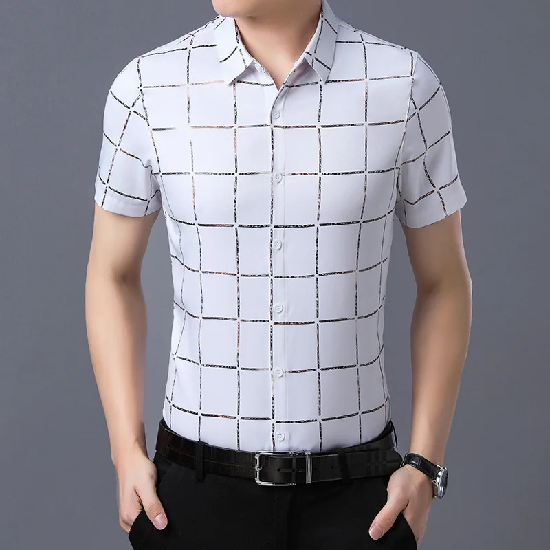 Мужские рубашки летняя тонкая мужская мода дикая клетчатая рубашка с коротким