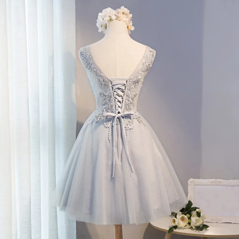 Серый v-образным вырезом Бисероплетение Кружева Vestidos De Festa цветы трапециевидной