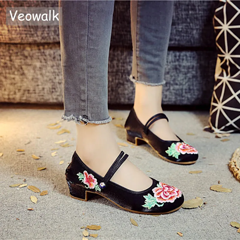 Женские хлопковые парусиновые туфли Veowalk с вышивкой лодочки Мэри Джейн на низком