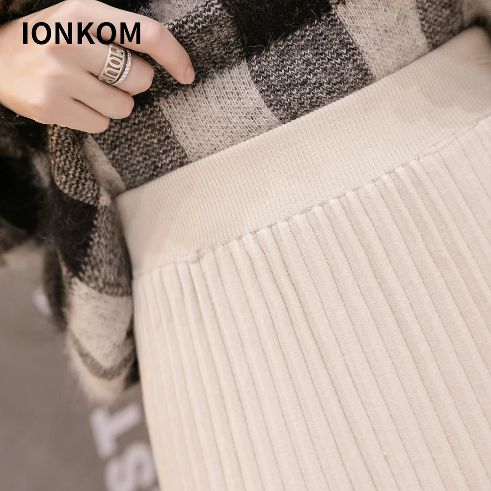 IONKOM однотонная кружевная Трикотажная двусторонняя юбка миди Женская Осенняя эластичная юбка с высокой талией Офисная Женская зимняя элегантная юбка-свитер