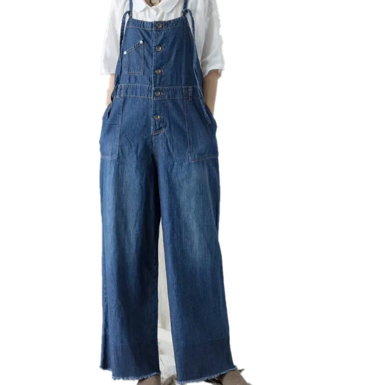 

2019 Summer Woman Literary Fresh Jumpsuits High Waist Raw Edge Casual Age Wide Leg Straight Strap Jeans